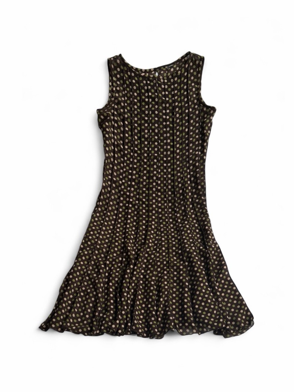 Vintage Sheer Brown polka dot pleated mini dress with green and tan dots